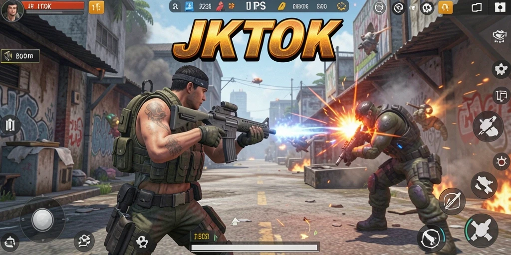 Screenshot utama JKTOK menampilkan aksi pertempuran seru dalam gameplay TPS.