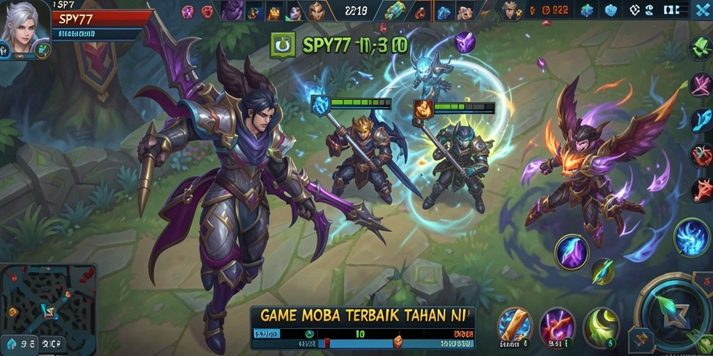 Tangkapan layar SPY77 menampilkan aksi pertempuran MOBA yang mendebarkan.